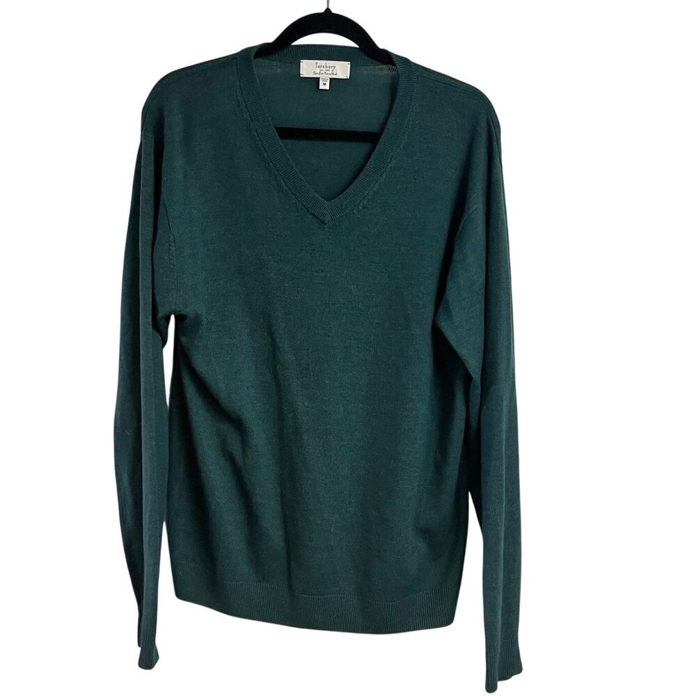 Turnbury Wool Sweater Extra Fine Merino Wool V Neck Green Sweater Mens Size M